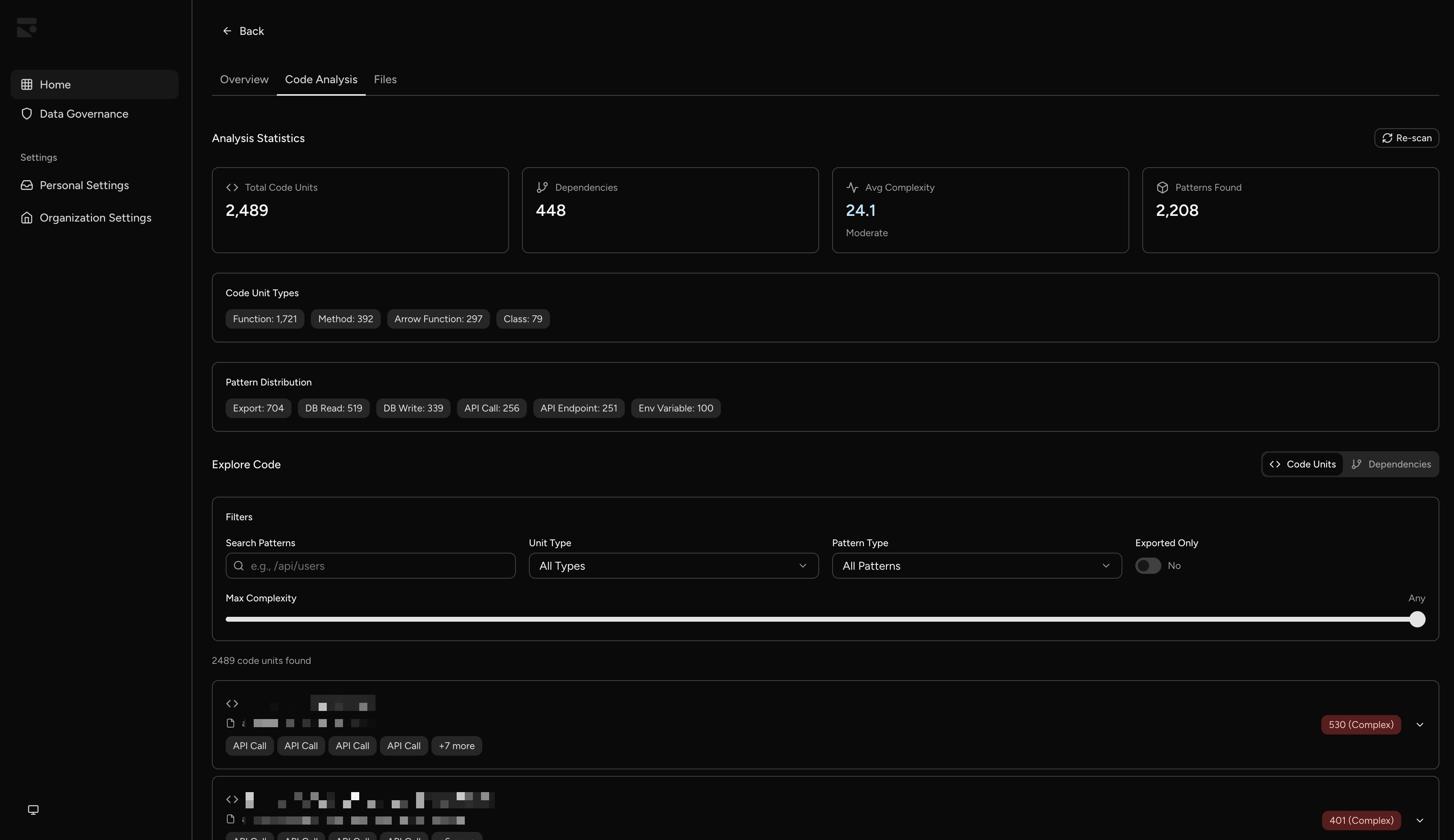 GitHub code analysis showing statistics, patterns, and code unit explorer