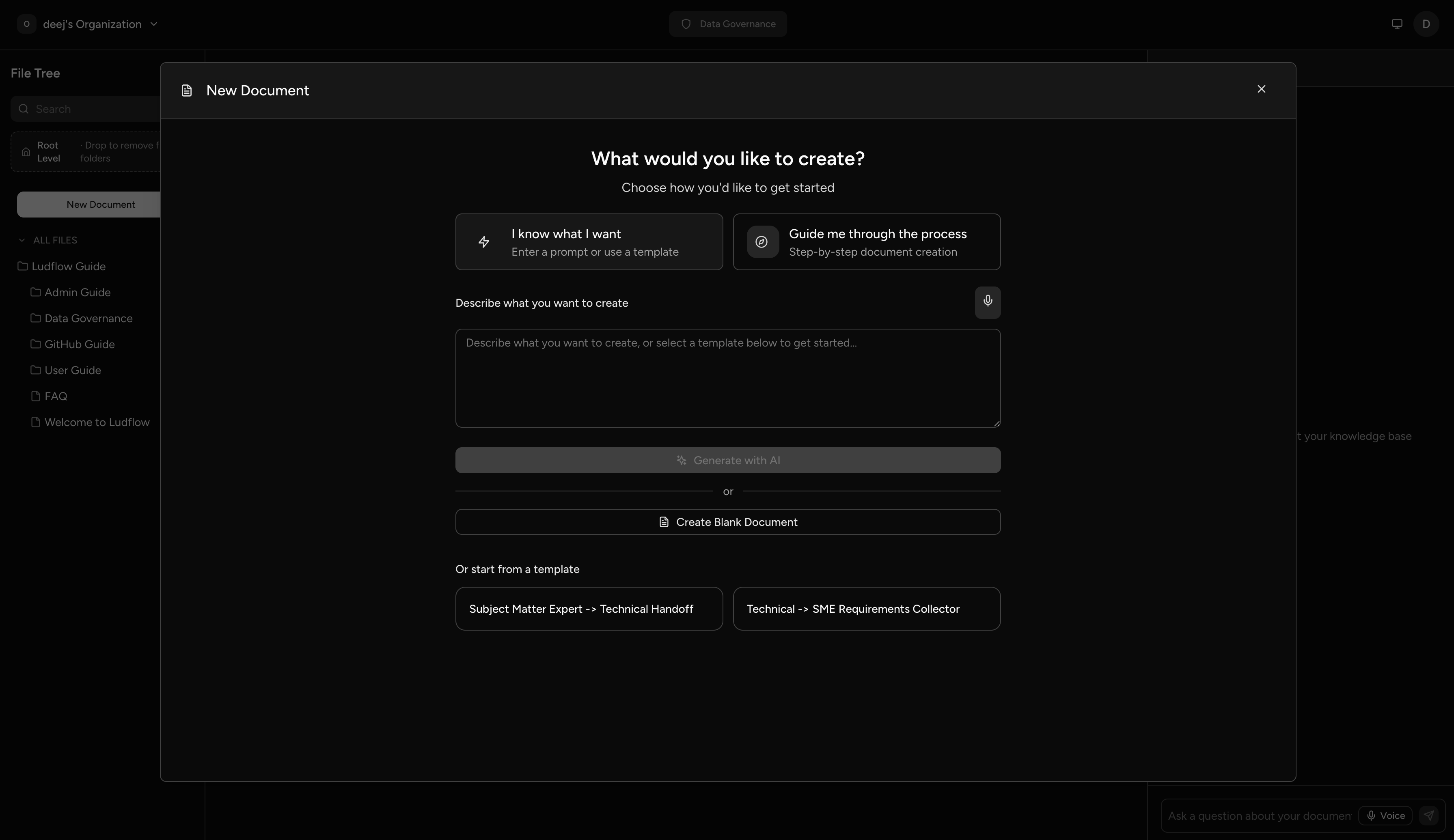 AI-powered document creation with natural language prompts and templates