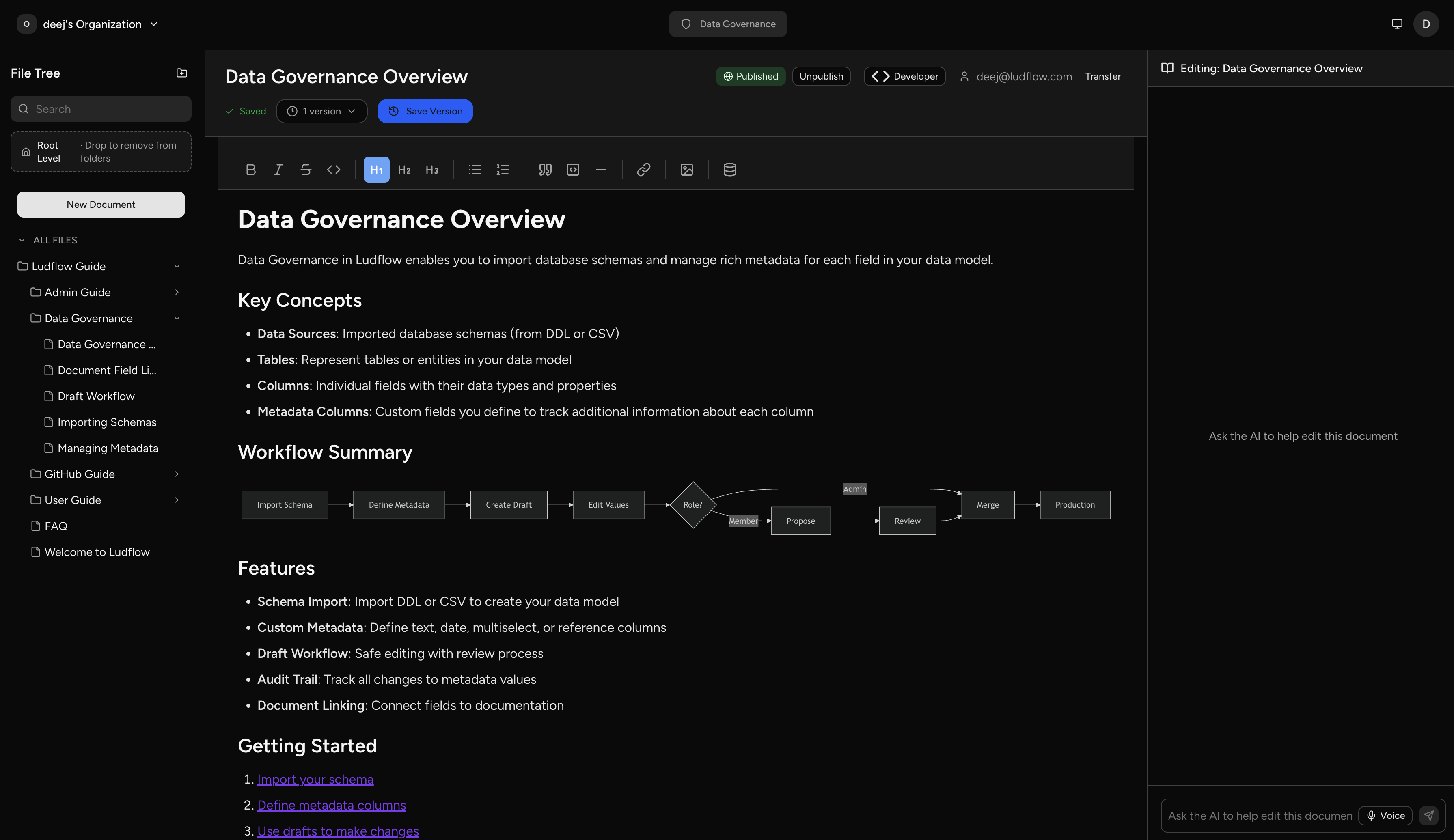 Ludflow document editor with AI chat, file tree, and Mermaid diagrams
